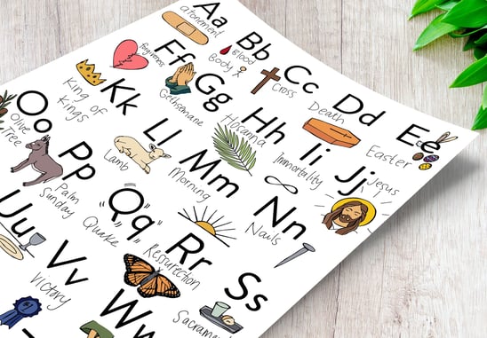 An alphabet page referencing Easter symbols and objects with each letter
