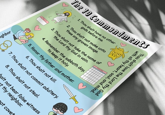 a printable page outlining the Ten Commandments with cute illustrations