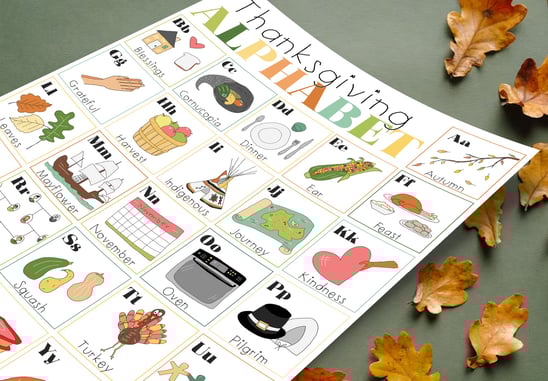 a printable page with the a Thanksgiving themed alphabet