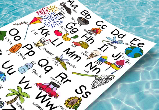 An alphabet page referencing summer activities and objects with each letter