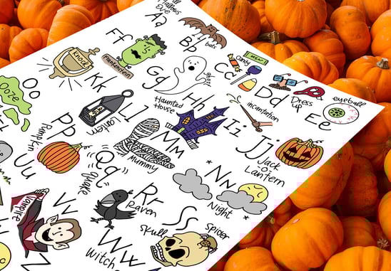 An alphabet page referencing Halloween symbols and objects with each letter