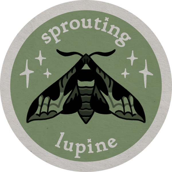 A stitched logo with the words "Sprouting Lupine" surrounded by purple lupine flowers