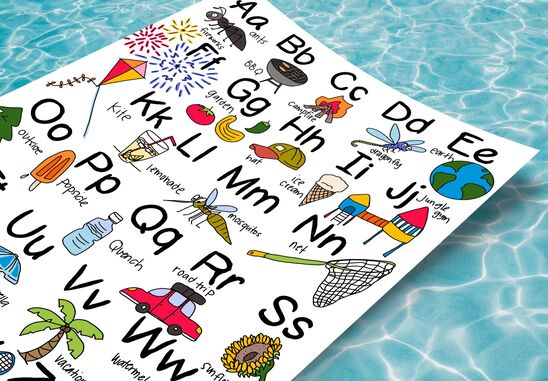 An alphabet page referencing summer activities and objects with each letter