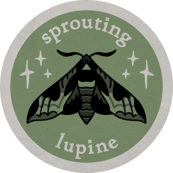 A stitched logo with the words "Sprouting Lupine" surrounded by purple lupine flowers