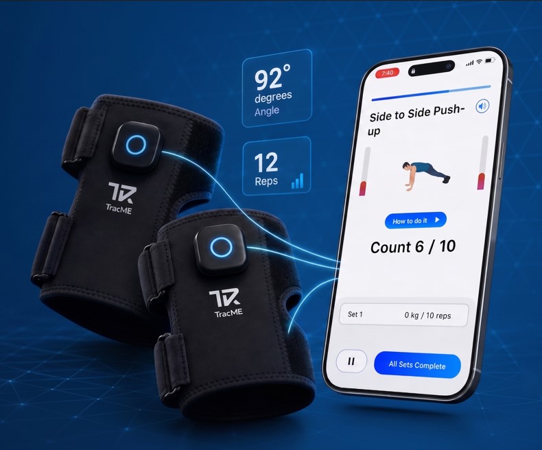 TracME sleeves with the app counting reps and showing joint angle
