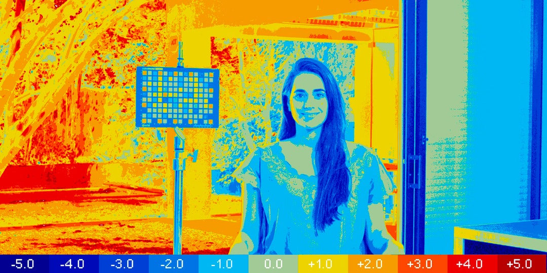 Checker false-color photograph with a minus five to plus five exposure-stop scale