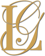 Gold LG letters intertwined in script on a white background